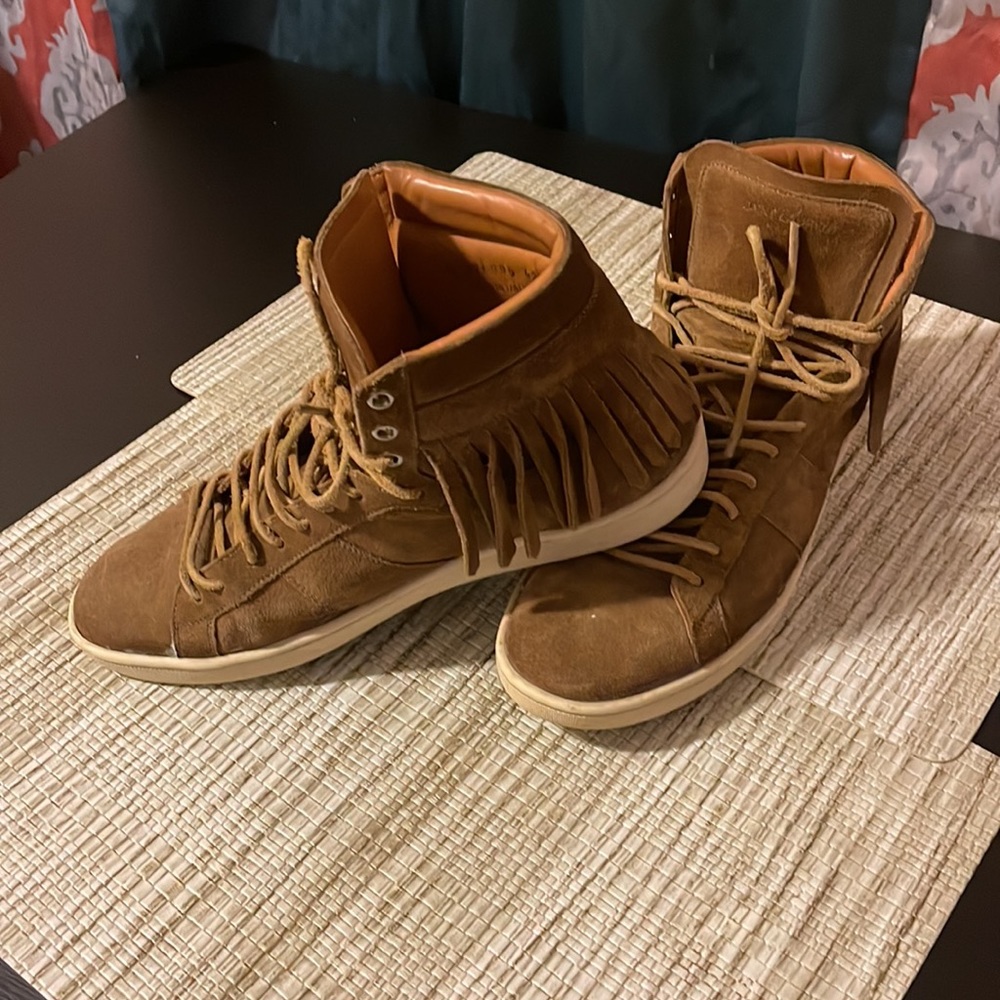 Yves Saint Laurent Shoes Tan Suede Fringed High Top Sneakers Size: 42